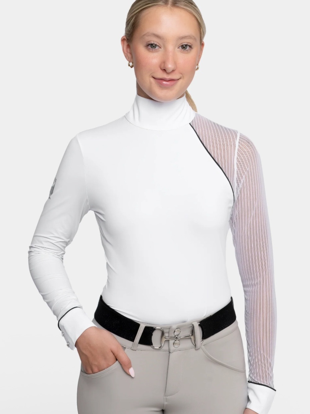 AP Hassinger White Rhinestone Logo Long Sleeve Top